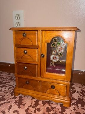 Vintage-Style Honey Brown Wooden Jewelry Cabinet with Floral Mirror